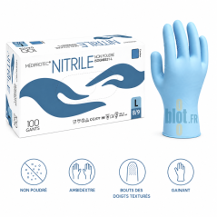 Gant nitrile bleu non poudré taille L utilisé en cuisine professionnelle pour le dressage d’un plat