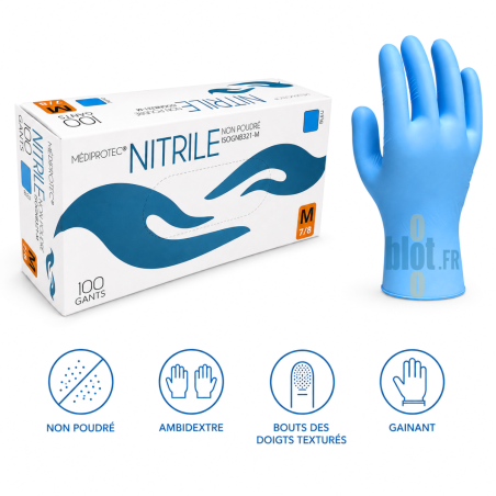 Boîte de 100 gants nitrile bleu non poudrés taille M Mediprotec avec gant ambidextre et doigts texturés