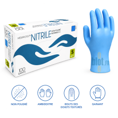 Boîte de 100 gants nitrile bleu non poudrés taille S Mediprotec, ambidextres et doigts texturés