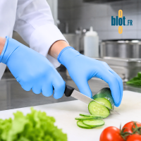 Gants nitrile bleu non poudrés taille S utilisés pour la préparation alimentaire en cuisine professionnelle