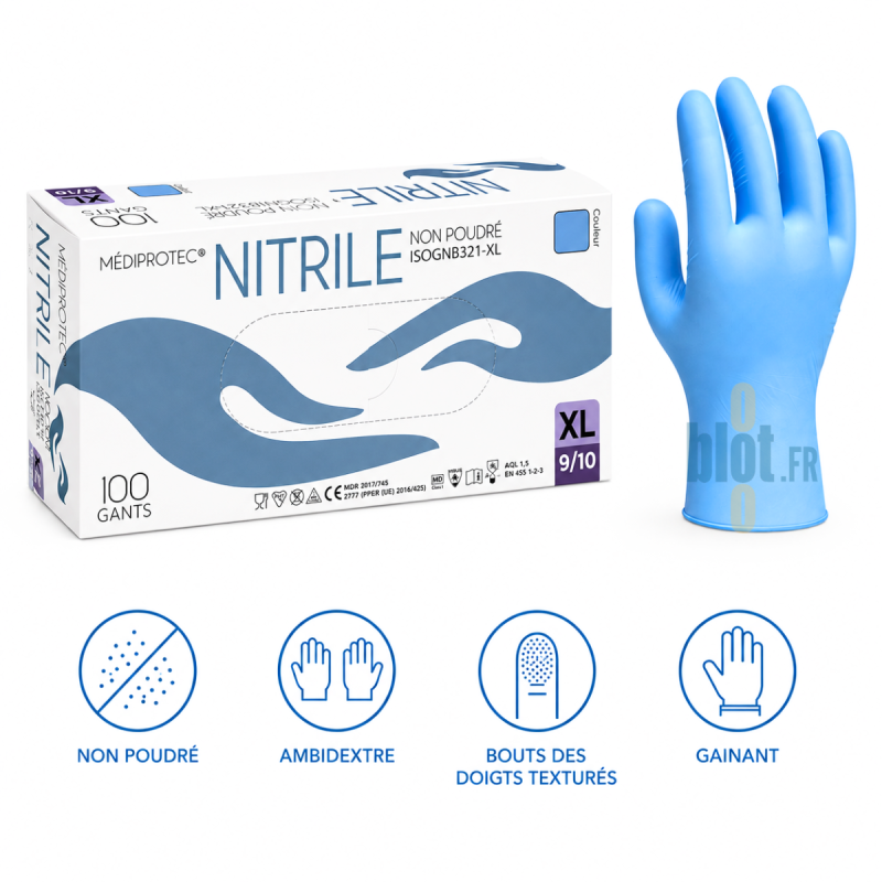 Gants Nitrile Bleu Non Poudrés - Taille XL