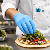 Gant nitrile bleu non poudré taille XL utilisé pour la préparation alimentaire en cuisine professionnelle