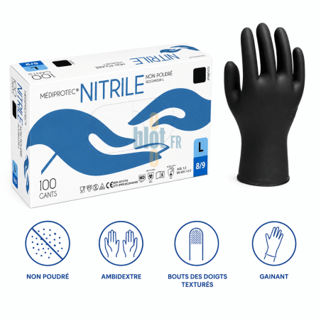 Boîte de 100 gants nitrile noir non poudrés taille L Mediprotec, ambidextres avec bouts des doigts texturés