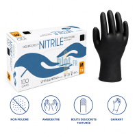 Boîte de 100 gants nitrile noir non poudrés taille M Mediprotec, ambidextres avec bouts des doigts texturés