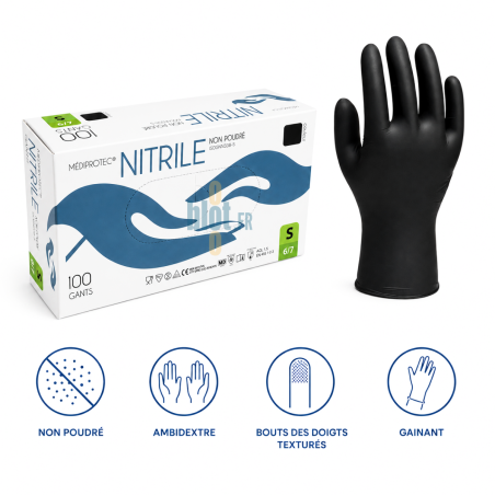 Boîte de 100 gants nitrile noir non poudrés taille S Mediprotec, ambidextres avec bouts des doigts texturés