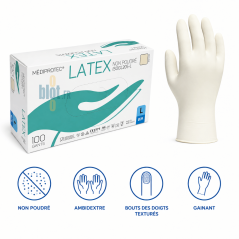 Boîte de 100 gants latex blanc non poudrés taille L Mediprotec, ambidextres avec bouts des doigts texturés