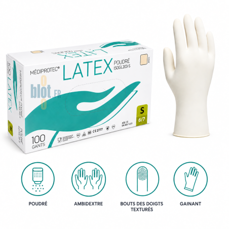 Boîte de 100 gants latex blanc poudrés taille S Mediprotec, ambidextres avec bouts des doigts texturés