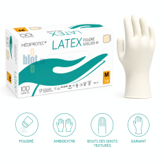 Boîte de 100 gants latex blanc poudrés taille M Mediprotec, ambidextres avec bouts des doigts texturés