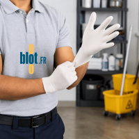 Gants latex blanc poudrés taille M en cours d’enfilage pour des travaux d’entretien professionnel