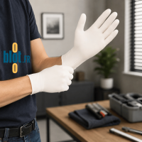 Gants latex blanc poudrés taille L en cours d’enfilage pour un usage professionnel
