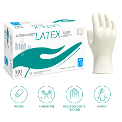 Boîte de 100 gants latex blanc poudrés taille L Mediprotec, ambidextres avec bouts des doigts texturés