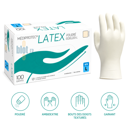 Boîte de 100 gants latex blanc poudrés taille L Mediprotec, ambidextres avec bouts des doigts texturés