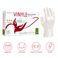 Boîte de 100 gants vinyle poudrés transparents taille S Mediprotec, ambidextres, souples et faciles à enfiler