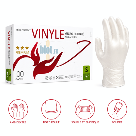 Boîte de 100 gants vinyle poudrés transparents taille S Mediprotec, ambidextres, souples et faciles à enfiler