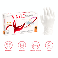 Boîte de 100 gants vinyle poudrés transparents taille M Mediprotec, ambidextres, souples et micro-poudrés