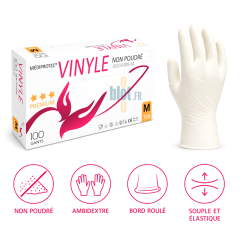 Boîte de 100 gants vinyle non poudrés transparents taille M Mediprotec, ambidextres, souples et élastiques