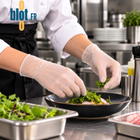 Gants vinyle non poudrés transparents taille M utilisés pour le dressage d’un plat en cuisine professionnelle