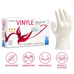 Boîte de 100 gants vinyle non poudrés transparents taille L Mediprotec, ambidextres, souples et élastiques