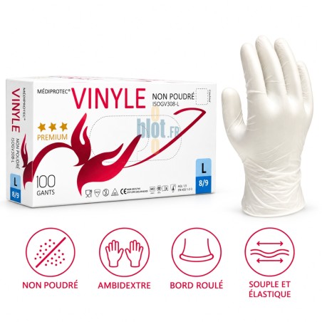 Boîte de 100 gants vinyle non poudrés transparents taille L Mediprotec, ambidextres, souples et élastiques