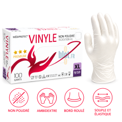 Boîte de 100 gants vinyle non poudrés transparents taille XL Mediprotec, ambidextres, souples et élastiques