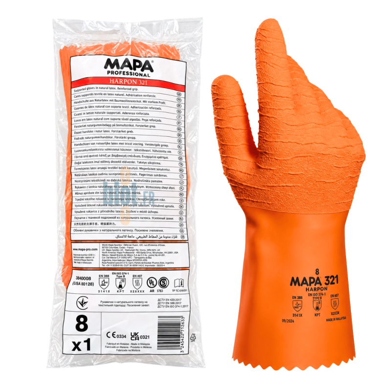 (X1 paire) - Gant latex orange taille 8 - Harpon 321
