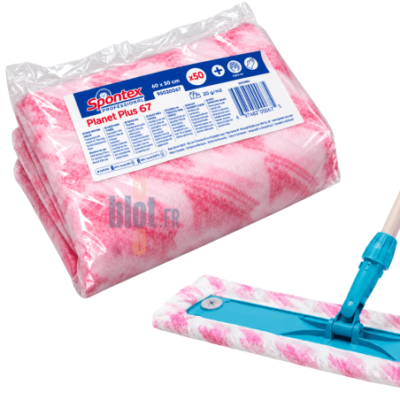 Sachet de 50 gazes imprégnées SPONTEX Planet Plus 67 avec fixation sur balai plat