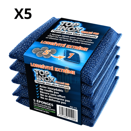 Lot de 5 éponges récurantes professionnelles TAMPEL Top Inox avec surface inox abrasive