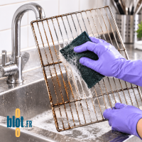 Tampon abrasif vert SPONTEX Mercury 35 utilisé pour récurer une grille métallique en cuisine