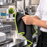 Essuie-vaisselle microfibre utilisé pour sécher un verre en cuisine professionnelle