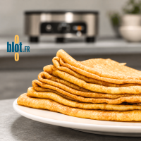 Crêpes préparées avec une crêpière professionnelle Krampouz en arrière-plan