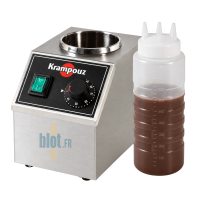 Chauffe-chocolat Krampouz en inox avec bouteille graduée de 1 litre remplie de sauce chocolat présentée à côté