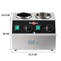 Chauffe-sauce double Krampouz vu de face avec indications de largeur, de profondeur et de hauteur