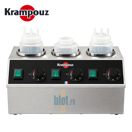 Chauffe-chocolat triple Krampouz en inox avec trois bouteilles et trois thermostats, présenté sur fond blanc