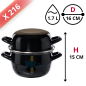 Cocotte à moules noire avec couvercle, diamètre 16 cm, hauteur 15 cm et contenance 1,7 L, proposée par palette de 216