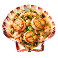 Exemple de présentation en coquille naturelle avec noix de Saint-Jacques dorées, crevettes et champignons