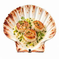 Exemple de présentation dans une coquille naturelle avec trois noix de Saint-Jacques dorées et une garniture aux herbes