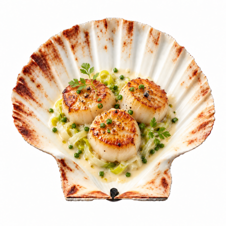 Exemple de présentation dans une coquille naturelle avec trois noix de Saint-Jacques dorées et une garniture aux herbes