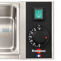 Détail du thermostat réglable et de l’interrupteur marche-arrêt du bain-marie électrique Krampouz