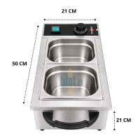 Bain-marie électrique Krampouz présenté avec deux bacs GN 1/6, son thermostat et sa poignée de manutention