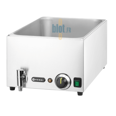Bain-marie HENDI Ranger GN 1/1 en inox vu de trois quarts, avec cuve ouverte et robinet de vidange