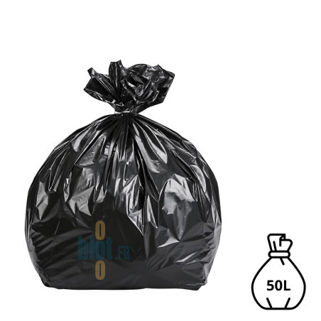 Sac poubelle noir KFB de 50 litres et 40 microns, fermé par un lien classique