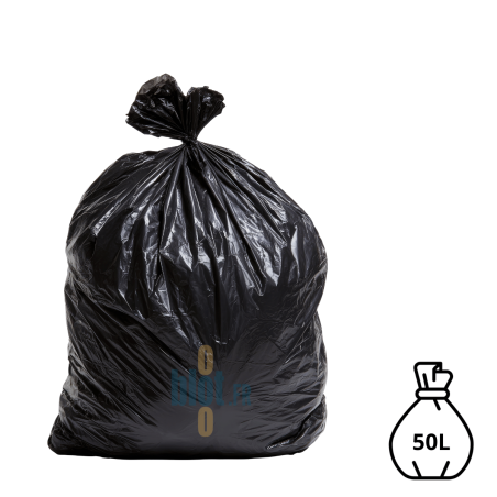 Sac poubelle noir KFB de 50 litres et 35 microns, rempli et fermé avec un lien classique