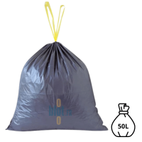 Sac poubelle gris KFB de 50 litres, fermé par des liens coulissants jaunes