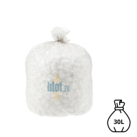 Sac poubelle blanc KFB de 30 litres, rempli et fermé avec un lien classique