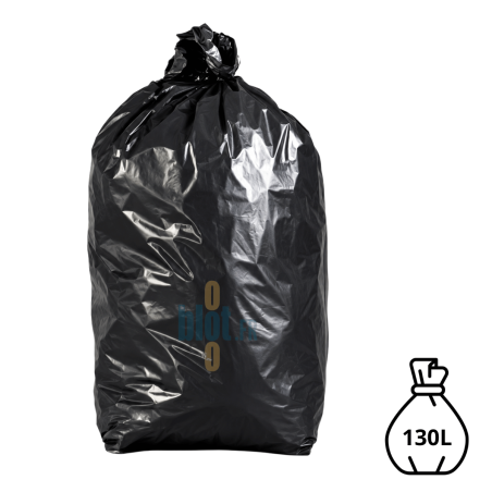 Sac poubelle noir KFB de 130 litres et 55 microns, rempli et fermé avec un lien classique