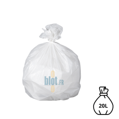Sac poubelle blanc KFB de 20 litres, rempli et fermé avec un lien classique