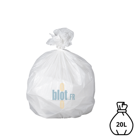 Sac poubelle blanc KFB de 20 litres, rempli et fermé avec un lien classique