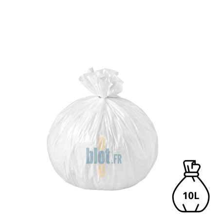 Sac poubelle blanc KFB de 10 litres, rempli et fermé avec un lien classique