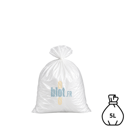 Sac poubelle blanc KFB de 5 litres, rempli et fermé avec un lien classique