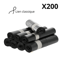 Sacs poubelle noirs KFB de 110 litres à lien classique, présentés en rouleaux et vendus par carton de 200